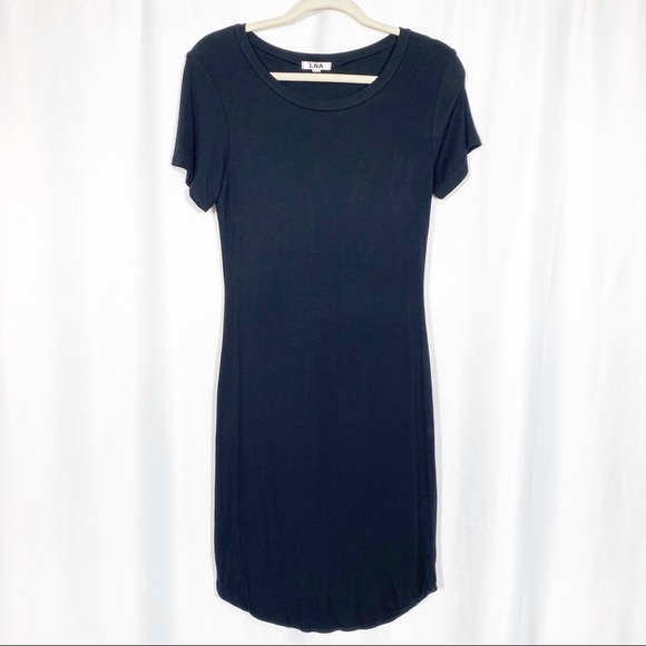 LNA Ribbed Jersey Knit Skinny Bodycon Short Sleeved T-Shirt Dress: Black - Picture 1 of 7